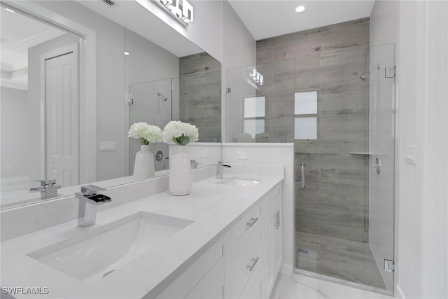 bathroom featuring dual bowl vanity and walk in shower