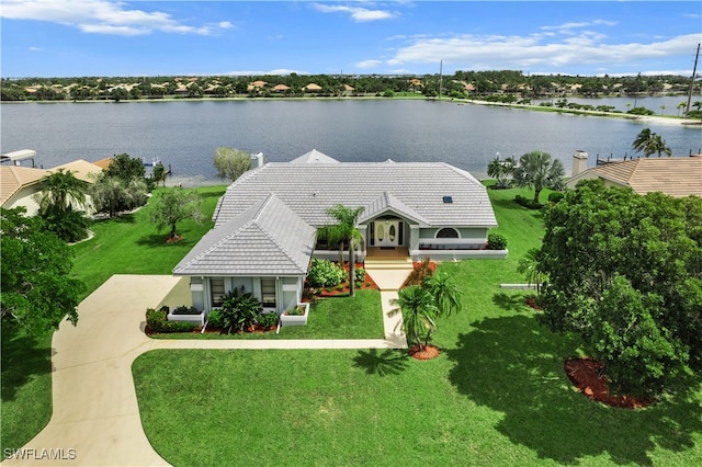 aerial view featuring a water view