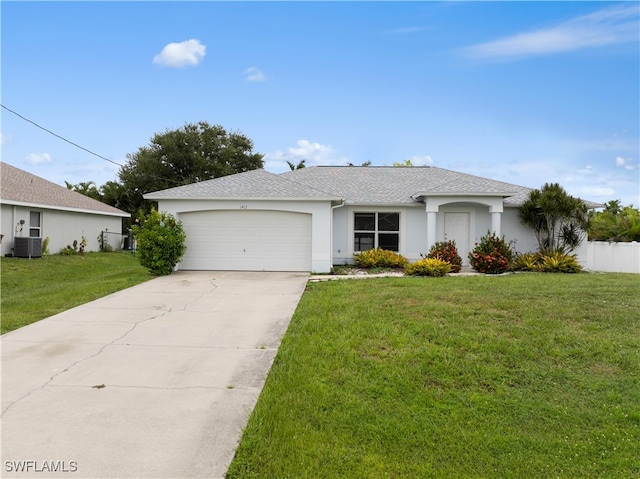 single story home with a front lawn, a garage, and cooling unit