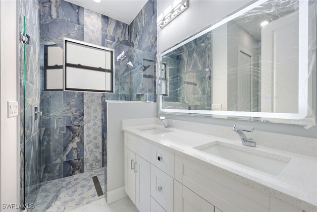 2802 63rd St W, Lehigh Acres, FL 33971 - full bath featuring a marble finish shower, double vanity, and marble finish flooring