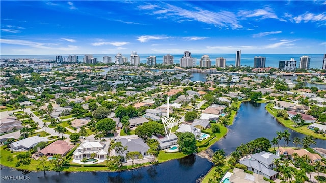 aerial view featuring a water view