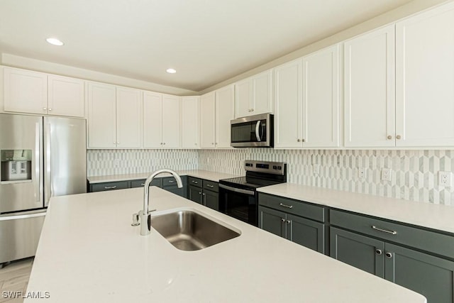 kitchen featuring backsplash, sink, white cabinets, and stainless steel appliances