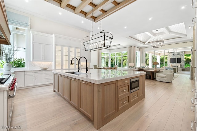 kitchen with light hardwood / wood-style flooring, white cabinetry, a large island, and sink