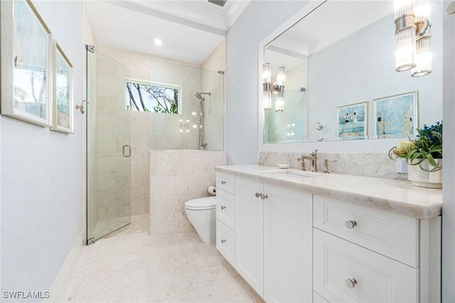 bathroom featuring tile patterned floors, vanity, an enclosed shower, and toilet