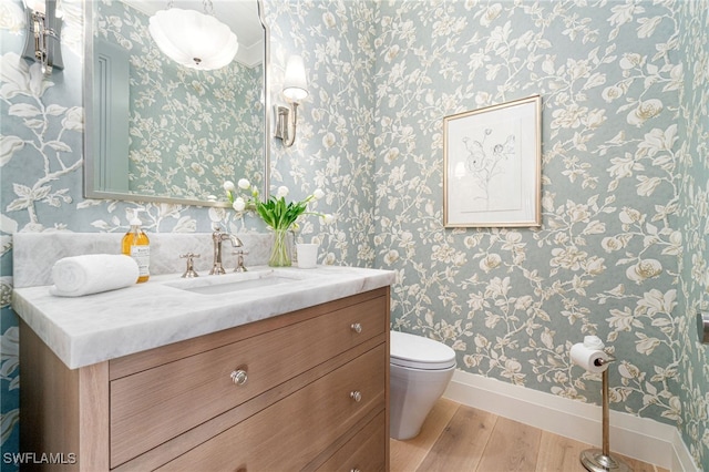 bathroom featuring toilet, vanity, and hardwood / wood-style flooring