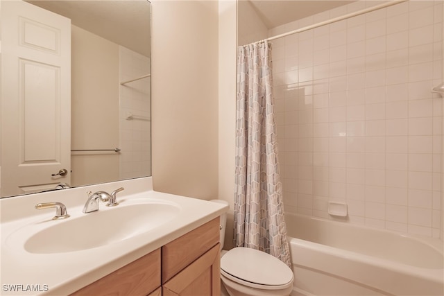 full bath with vanity, toilet, and shower / bath combination with curtain