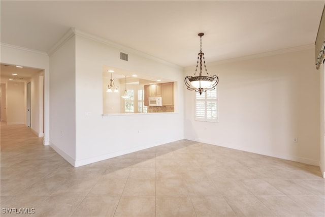 unfurnished dining area with crown molding, light tile patterned flooring, visible vents, and a chandelier