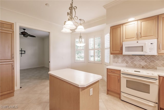 kitchen with light tile patterned flooring, tasteful backsplash, a kitchen island, and white appliances