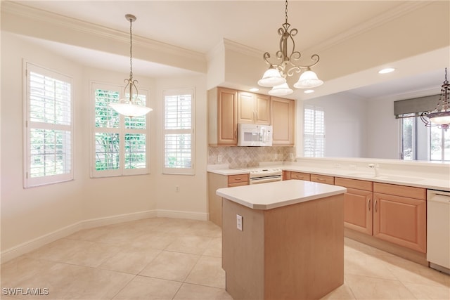 kitchen featuring white appliances, decorative backsplash, light countertops, ornamental molding, and light tile patterned flooring