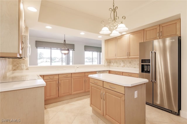 kitchen featuring light tile patterned flooring, light brown cabinetry, high end refrigerator, and decorative backsplash