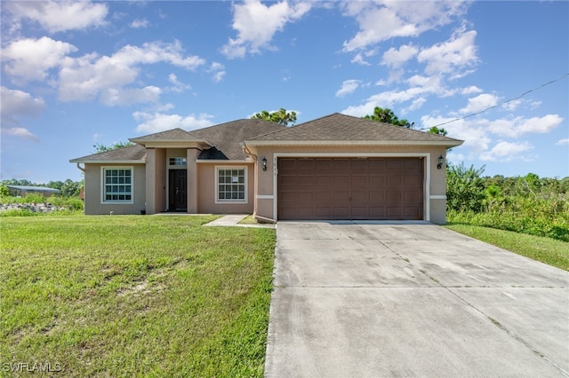 ranch-style home with a front lawn and a garage