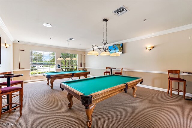 rec room featuring crown molding, pool table, and carpet