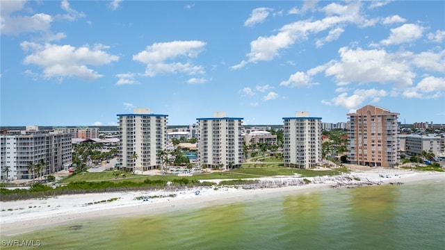 drone / aerial view with a beach view and a water view