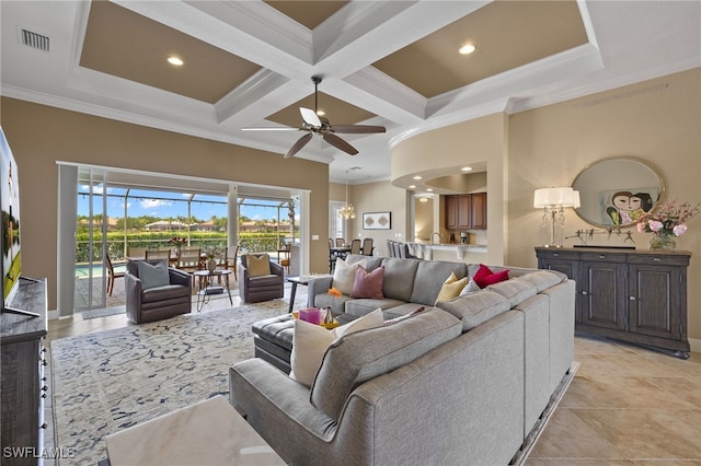 tiled living room with beam ceiling, ceiling fan, crown molding, and coffered ceiling