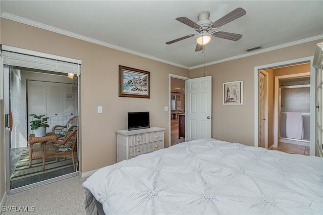 carpeted bedroom with ceiling fan and crown molding