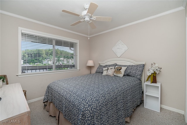 bedroom with light colored carpet, ceiling fan, and crown molding