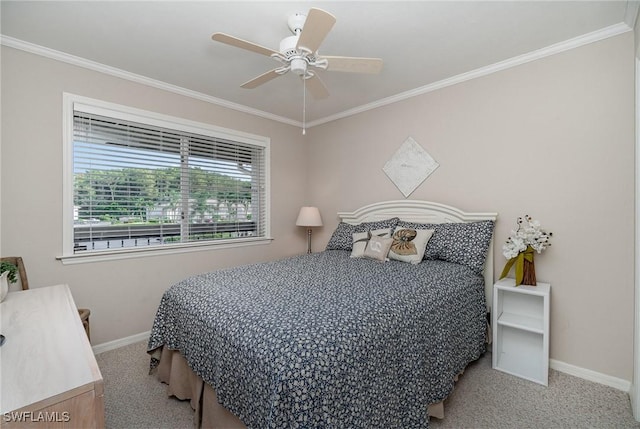 bedroom featuring light carpet, baseboards, ornamental molding, and ceiling fan