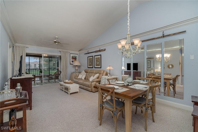 dining room with baseboards, light colored carpet, ornamental molding, high vaulted ceiling, and ceiling fan with notable chandelier