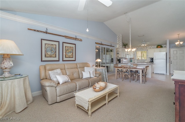 living room with crown molding, ceiling fan, light colored carpet, and lofted ceiling