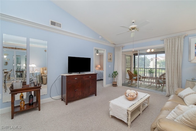 living room with light carpet, crown molding, ceiling fan, and lofted ceiling