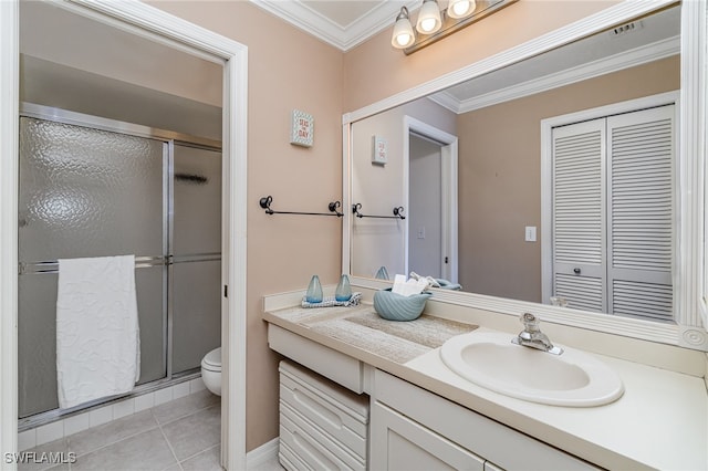 bathroom with toilet, tile patterned floors, an enclosed shower, and ornamental molding