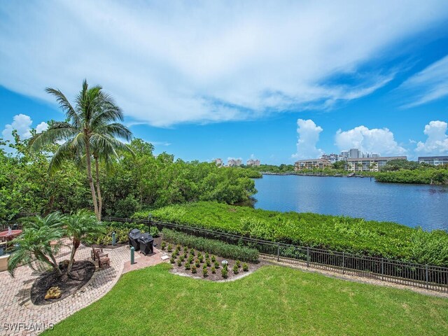 view of yard with a water view