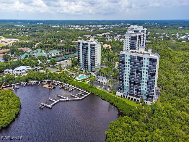 bird's eye view with a water view