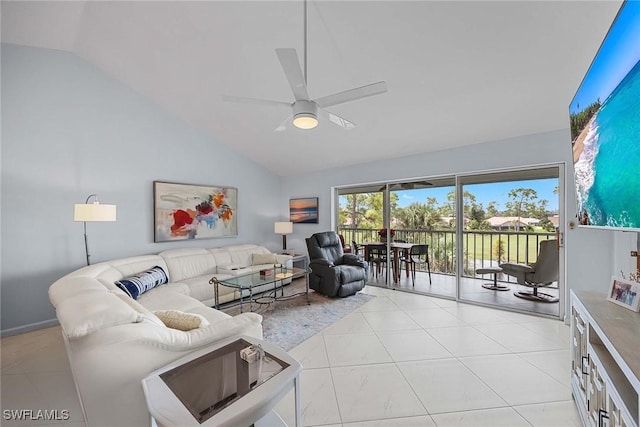 living room featuring lofted ceiling and ceiling fan