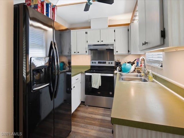 kitchen with sink, refrigerator with ice dispenser, dark hardwood / wood-style flooring, ceiling fan, and stainless steel electric stove