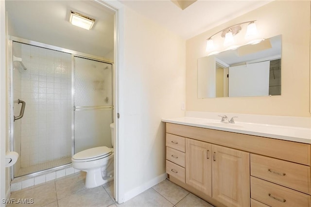 2504 SE 16th Pl Unit 101, Cape Coral, FL 33904 - bathroom featuring toilet, tile patterned floors, vanity, a stall shower, and baseboards