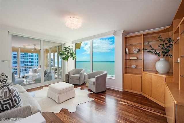 living room featuring expansive windows, a water view, and dark wood-type flooring