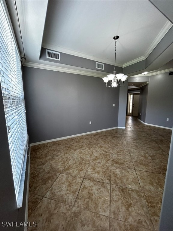 unfurnished dining area featuring an inviting chandelier and crown molding