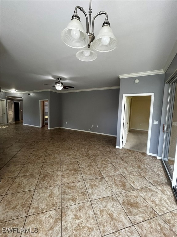 interior space with ceiling fan with notable chandelier and crown molding