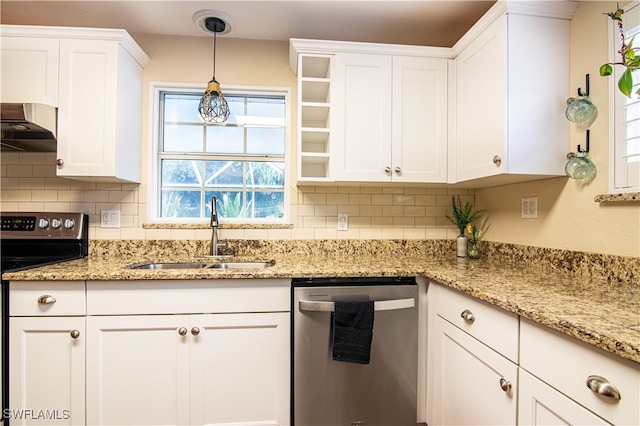 kitchen featuring wall chimney range hood, white cabinets, dishwasher, and electric range oven