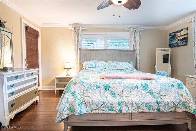 bedroom with ceiling fan, ornamental molding, and dark hardwood / wood-style floors