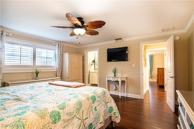 bedroom featuring ceiling fan, dark hardwood / wood-style floors, connected bathroom, and ornamental molding