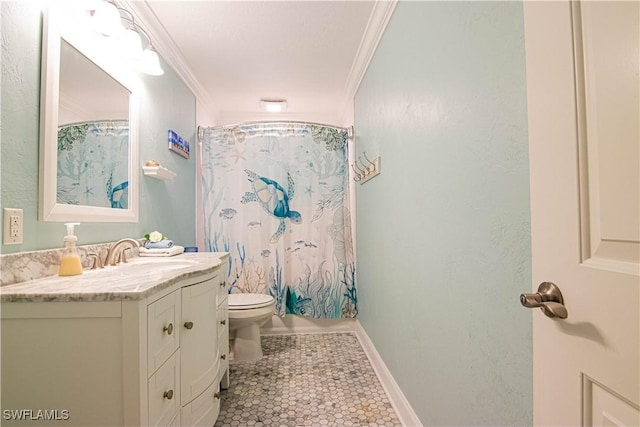 bathroom with toilet, ornamental molding, tile patterned floors, shower / bathtub combination with curtain, and vanity