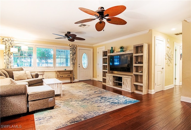 living room featuring ceiling fan, dark wood-type flooring, and ornamental molding