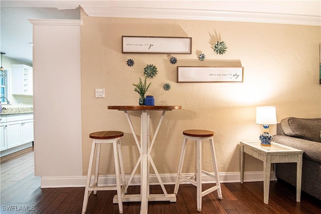 bar featuring ornamental molding, dark wood-style flooring, and baseboards