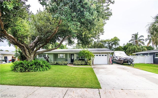 ranch-style house featuring a garage and a front yard