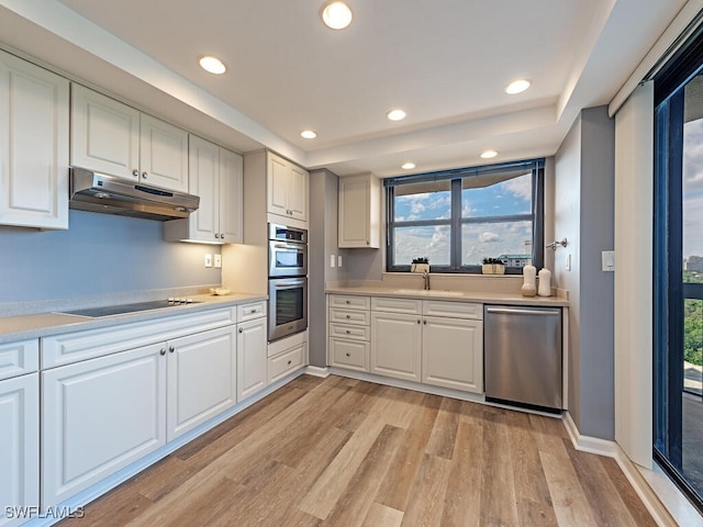 kitchen featuring a raised ceiling, sink, light wood-type flooring, appliances with stainless steel finishes, and white cabinetry