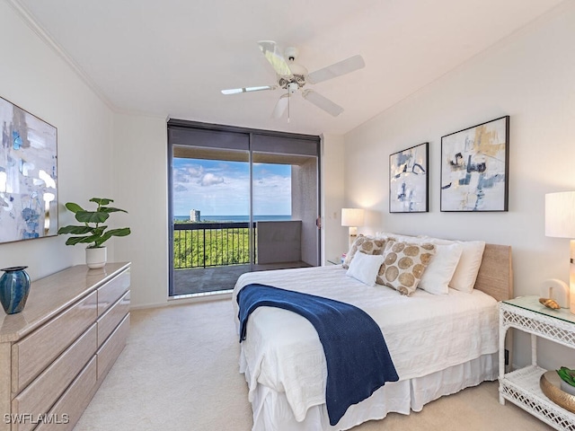 carpeted bedroom featuring access to exterior and ceiling fan