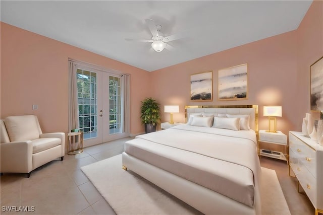 tiled bedroom with ceiling fan, access to outside, and french doors