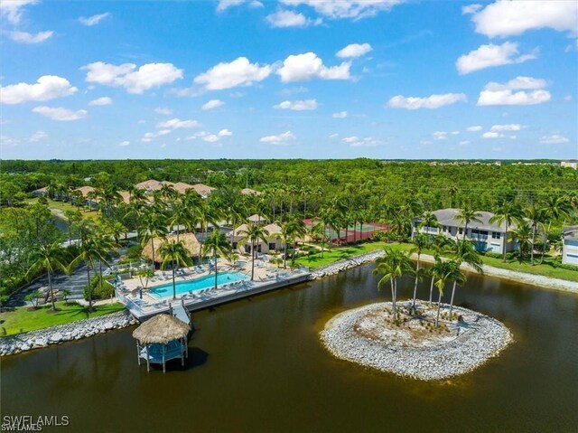 birds eye view of property featuring a water view