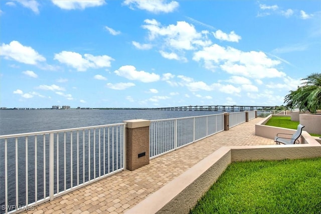 view of patio / terrace featuring a water view