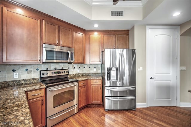 kitchen featuring appliances with stainless steel finishes, a tray ceiling, dark stone countertops, and wood-type flooring