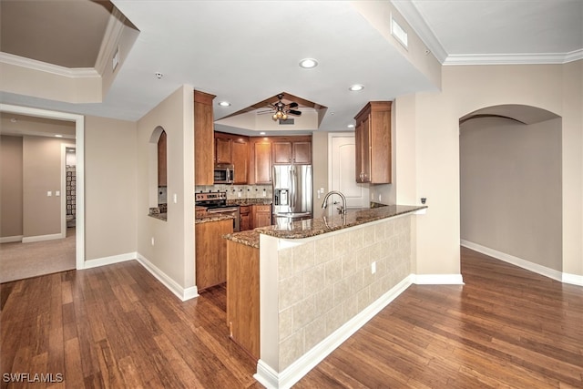 kitchen featuring kitchen peninsula, stainless steel appliances, ceiling fan, and dark hardwood / wood-style flooring