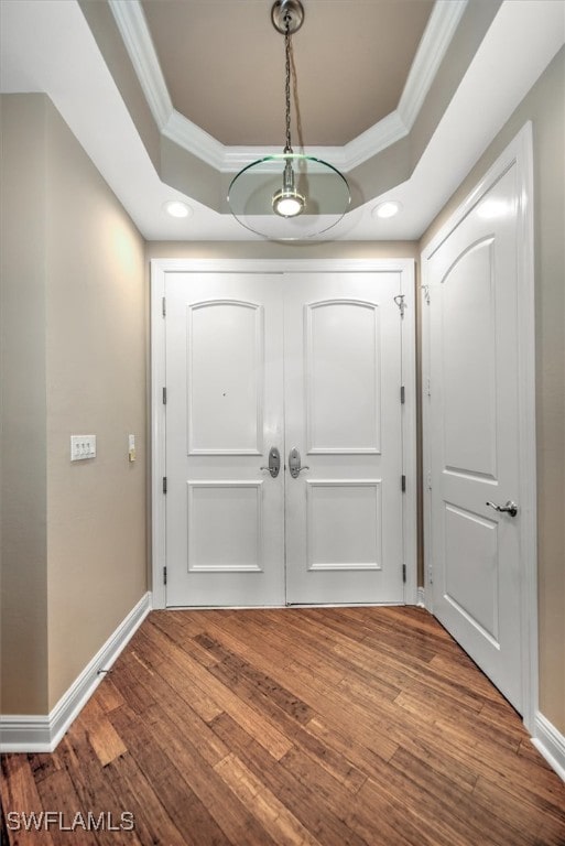 foyer entrance featuring hardwood / wood-style flooring, ornamental molding, and a tray ceiling