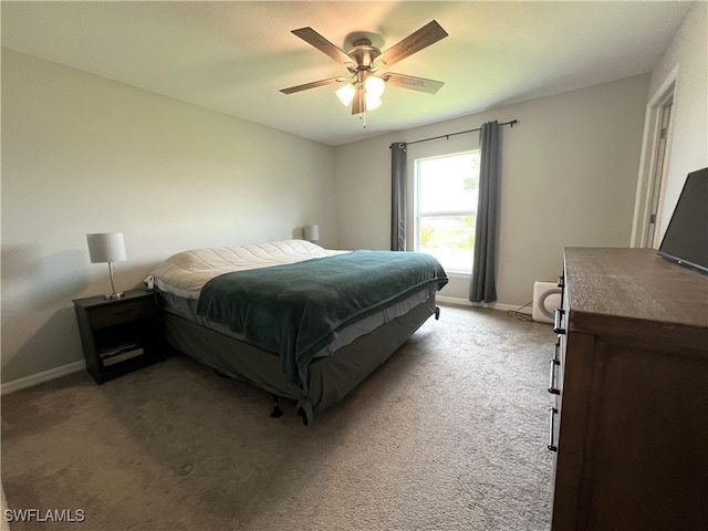 bedroom with ceiling fan and carpet