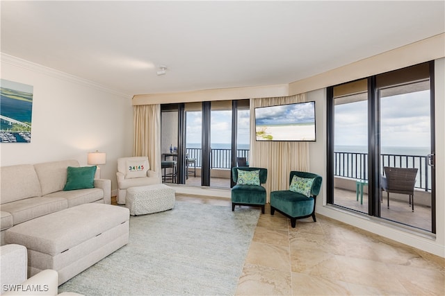 living room with light tile patterned flooring, a water view, and ornamental molding